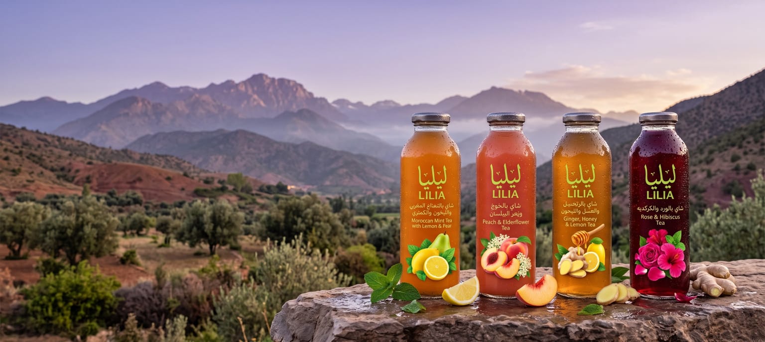 The four LILIA iced tea flavours with the Moroccan Atlas Mountains